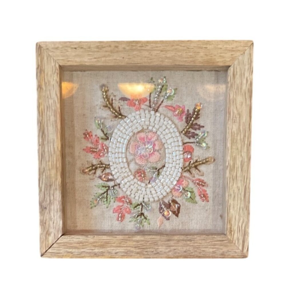 Handcrafted Wooden Jewelry Box Beaded Floral Embroidery Glass Top Display Lid